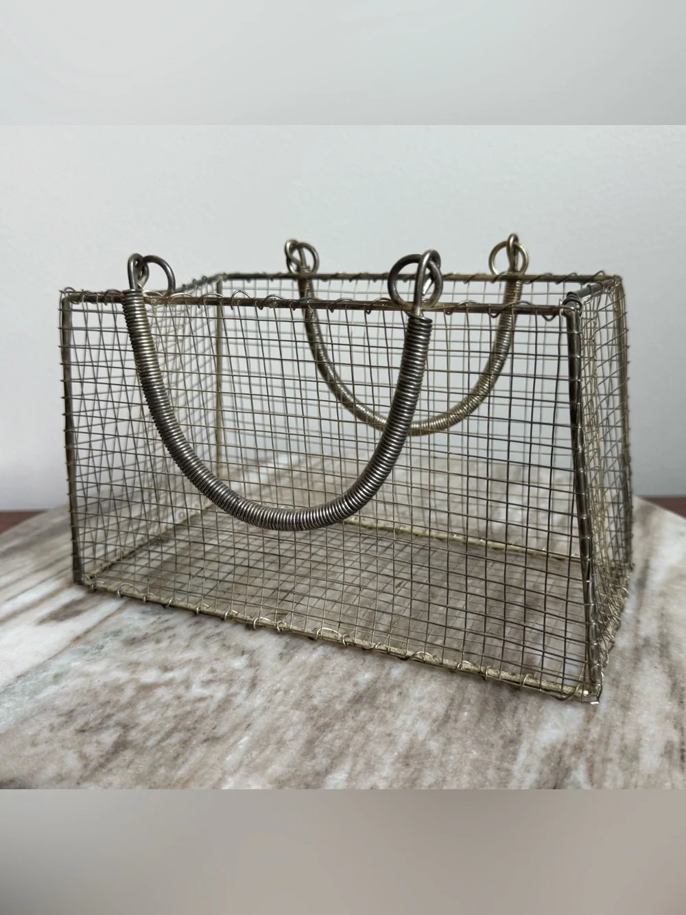 Vintage Wire Mesh Basket Purse Tote with Coil Handles